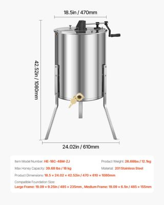VEVOR Extracteur de miel manuel 4 8 cadres inox, couvercle transparent, support réglable.