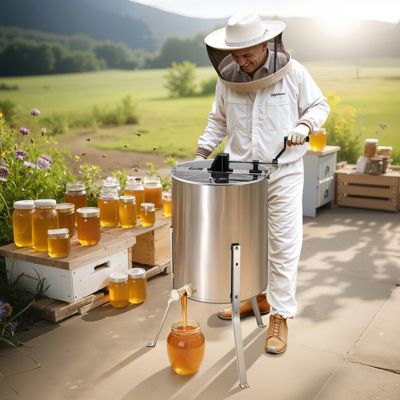 VEVOR Extracteur de miel manuel 4 8 cadres inox, couvercle transparent, support réglable.