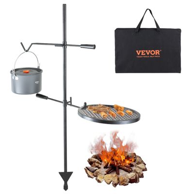 VEVOR Grille feu de camp pivotante, poteau 122,5 cm, 2 couches, crochet. Acier, barbecue.