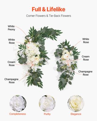 VEVOR Kit fleurs artificielles arche mariage, 2 bouquets, 1 rideau, blanc.