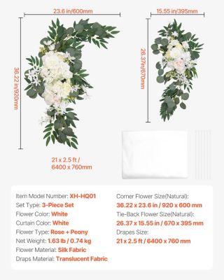 VEVOR Kit fleurs artificielles arche mariage, 2 bouquets, 1 rideau, blanc.