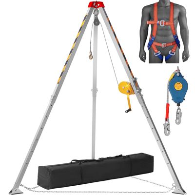 VEVOR Kit trépied espace confiné 544kg, pieds 1.34-2.15m, câble 30m, protection chutes, harnais, sac de rangement.