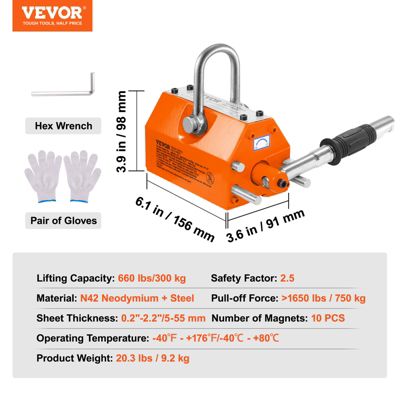 VEVOR Levage magnétique 300kg, aimant N42 permanent, 156x91x98mm, crochet chrome, sécurité 2.5, pour tôle.
