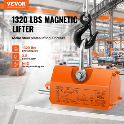 VEVOR Levage magnétique 600kg, aimant N42, 210x118mm, crochet chrome, sécurité 2.5, pour tôle.