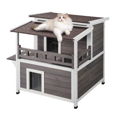 VEVOR Maison chat extérieur résistante, 2 niveaux bois. Balcon, volets PVC, toit charnières. 30x30x32 po.