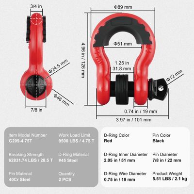 VEVOR Manille D 19mm, lot 2, acier allié, 28.5t, goupille 22mm, rouge.
