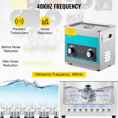 VEVOR Nettoyeur ultrasons bac inox 3L 40 kHz, temps température réglable, commande bouton.