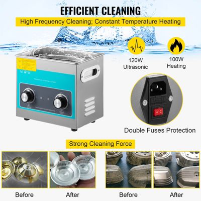 VEVOR Nettoyeur ultrasons bac inox 3L 40 kHz, temps température réglable, commande bouton.