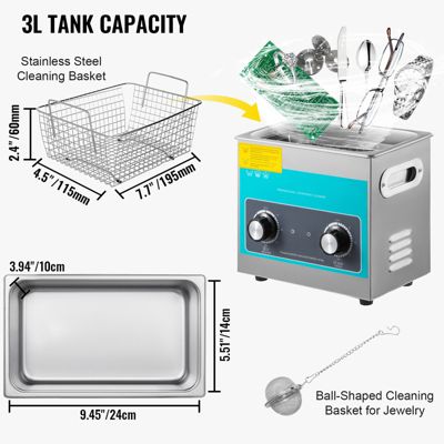 VEVOR Nettoyeur ultrasons bac inox 3L 40 kHz, temps température réglable, commande bouton.