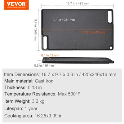VEVOR Plaque griller pré-assaisonnée réversible, fonte 425x246 mm, épaisseur 3,3 mm. Barbecue.