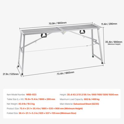 VEVOR Plateforme travail échafaudage pliant, hauteurs 900-1500 mm, charge 400 kg. Acier allié.