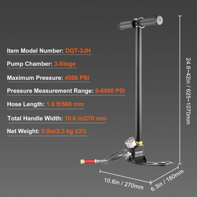 VEVOR Pompe à pied 3 étages 4500PSI PCP noire. Manuelle, manomètre. Pour vélo, fusil à air. Gonfleur pneu.