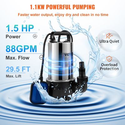 VEVOR Pompe relevage eaux chargées 1100W, 333L min, vide cave piscine fosse.