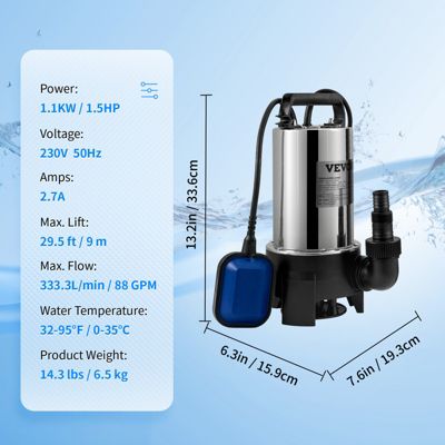 VEVOR Pompe relevage eaux chargées 1100W, 333L min, vide cave piscine fosse.