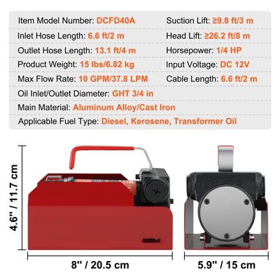 VEVOR Pompe transfert diesel 37,8 L/min, 12V CC, buse arrêt auto, pour diesel/kérosène/huile.
