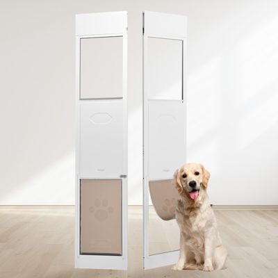 VEVOR Porte chien pour porte coulissante verre, hauteur réglable, cadre alu. Rabat, serrure, grande taille.
