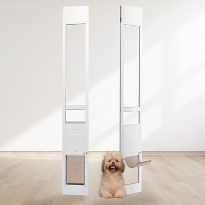 VEVOR Porte chien pour porte coulissante verre, hauteur réglable. Verre trempé, cadre alu, rabat.