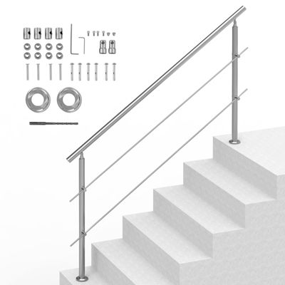VEVOR Rampes d'escalier extérieur 180cm (70.9"), 2 barres, acier inox, kit installation, pour porche/terrasse.