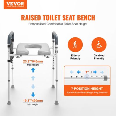 VEVOR Rehausseur toilette réglable 49-64 cm, charge 158,7 kg. Alu rembourré, 7 niveaux. Personnes âgées, handicapés.
