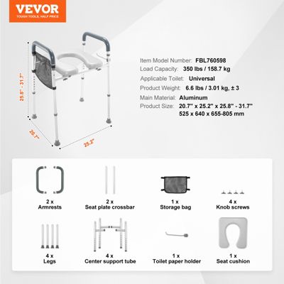 VEVOR Rehausseur toilette réglable 49-64 cm, charge 158,7 kg. Alu rembourré, 7 niveaux. Personnes âgées, handicapés.