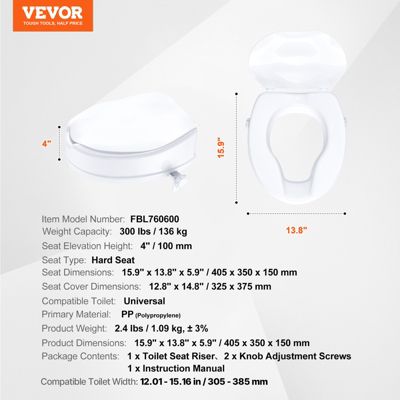 VEVOR Rehausseur toilette universel 100 mm haut, charge 136 kg PP, verrouillage tige à vis pour seniors/patients.