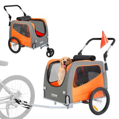 VEVOR Remorque vélo chien pliable, charge 30 kg. 2-en-1, coupleur universel. Orange/gris.