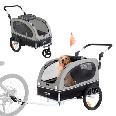 VEVOR Remorque vélo chien pliable, charge 40 kg. 2-en-1, coupleur universel, drapeau. Noir/gris.