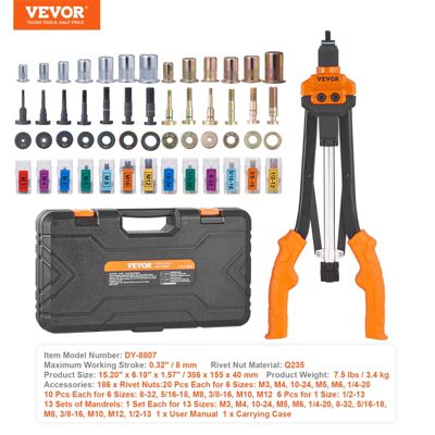 VEVOR Riveteuse manuelle 41 cm, pince à insert fileté. 13 mandrins, 186 écrous. Semi-automatique, pour bricolage.