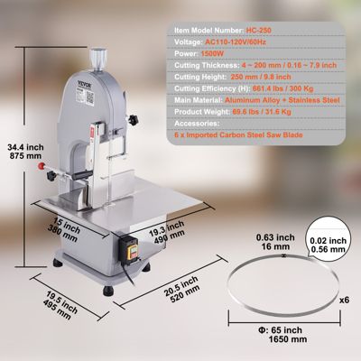 VEVOR Scie à Os Electrique Commerciale 1500W, Table 490x380 mm, Coupe 4-200 mm, pour Restaurant.