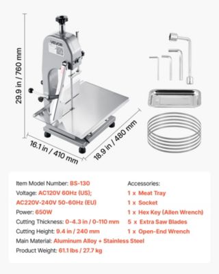 VEVOR Scie à os électrique 650W, table 415x483mm, coupe max 110mm, pour viande/ os congelés.