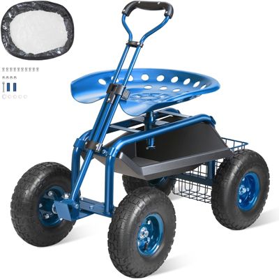 VEVOR Siège jardin roulant pivotant 360 , roues gonflables 25.4 cm, plateau à outils, poignée extensible, bleu.