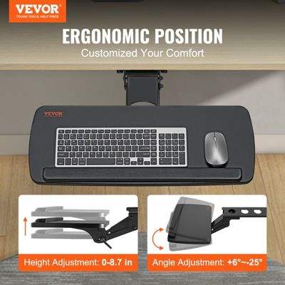 VEVOR Support clavier 63,5x25 cm, coulissant sous bureau. Charge 5 kg, hauteur réglable.