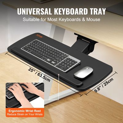 VEVOR Support clavier 63,5x25 cm, coulissant sous bureau. Charge 5 kg, hauteur réglable.