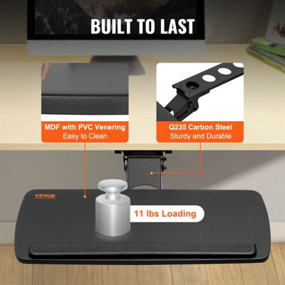 VEVOR Support clavier 63,5x25 cm, coulissant sous bureau. Charge 5 kg, hauteur réglable.