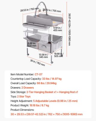 VEVOR Table Langer Pliable, Langer 2 tiroirs, panier latéral, hauteur réglable, roulettes verrouillables, gris.