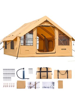 VEVOR Tente camping gonflable 4x3x2,2 m, pour 5-8 pers., 2 puits lumière, auvent.
