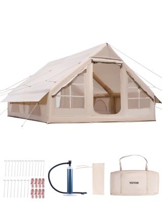 VEVOR Tente camping gonflable 4x3x2 m, pour 5-8 pers., Oxford 300D, pompe à main, portes fenêtres maille.