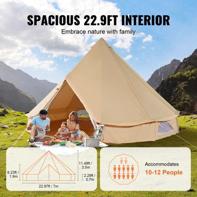 VEVOR Tente Cloche En Toile 3-7 M – Yourte 4-12 Pers., Trou De Poêle, Fenêtres, Sacs Rangement, Glamping