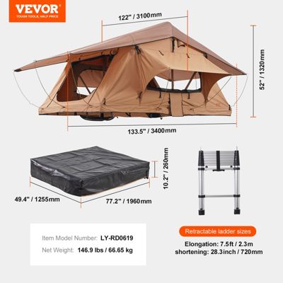 VEVOR Tente de toit rigide pliable Naturnest 2-3 pers., échelle téles., matelas, housse PVC étanche.