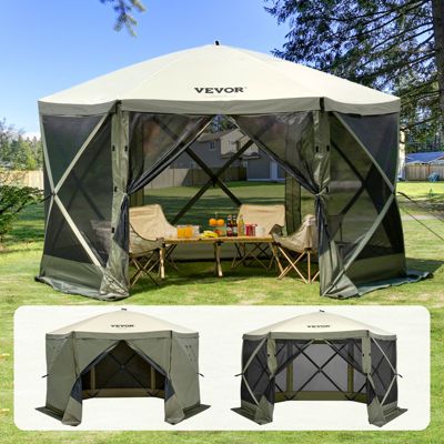 VEVOR Tente pop-up 3.7x3.7m, 6 côtés, panneaux anti-vent, filet anti-insectes, vert armée.