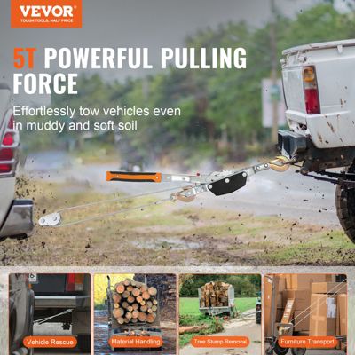 VEVOR Tire-fort 5 T, treuil manuel à cliquet. Câble acier 3,5 m, 3 crochets. Pour extraction, sauvetage, déplacement.