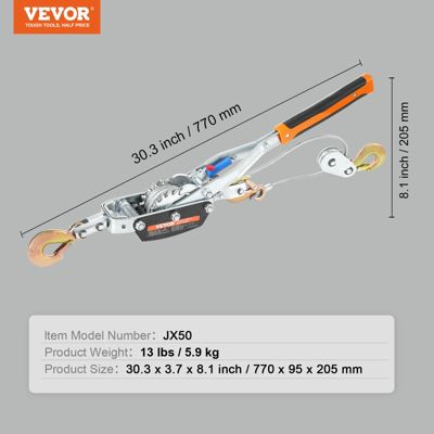 VEVOR Tire-fort 5 T, treuil manuel à cliquet. Câble acier 3,5 m, 3 crochets. Pour extraction, sauvetage, déplacement.