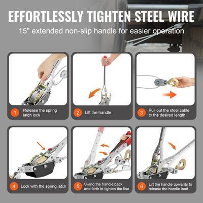 VEVOR Tire-fort, charge 2 T, treuil manuel, câble acier 3,7 m, 2 crochets. Extraction.