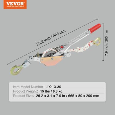 VEVOR Tire-fort traction 3/4 T, treuil manuel, corde 30,48 m. Pour bateaux.