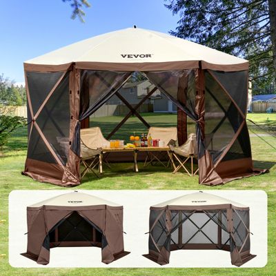 VEVOR Tonnelle escamotable 3.8x3.8m (12.5x12.5 pi), 6 côtés, panneaux anti-vent, filet anti-moustiques, marron.
