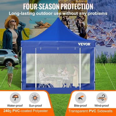 VEVOR Tonnelle imperméable 3x3 m tente pop-up avec parois latérales abri pliable résistant UV sac roulettes bleu jardin.
