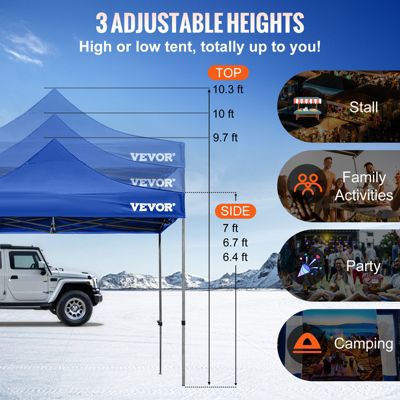 VEVOR Tonnelle imperméable 3x3 m tente pop-up avec parois latérales abri pliable résistant UV sac roulettes bleu jardin.