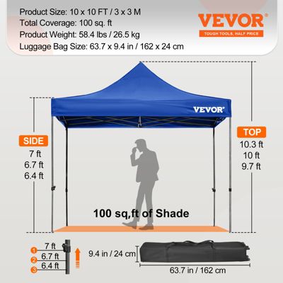 VEVOR Tonnelle imperméable 3x3 m tente pop-up avec parois latérales abri pliable résistant UV sac roulettes bleu jardin.
