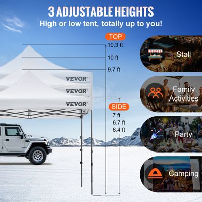VEVOR Tonnelle imperméable 3x3m pop-up, parois latérales, résistante UV/pluie/neige, avec sac à roulettes.