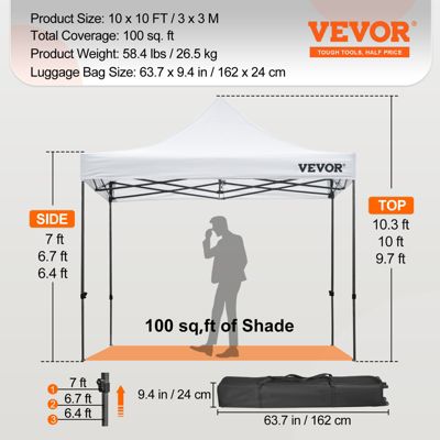 VEVOR Tonnelle imperméable 3x3m pop-up, parois latérales, résistante UV/pluie/neige, avec sac à roulettes.